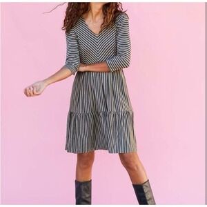 Matilda Jane Lovely Day Dress Jersey Knit Swing Knee Length Stripes Gray M
